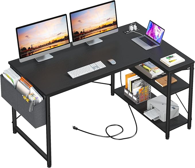 47" Computer Desk with Power Outlets,L Shaped Desk with Storage Shelves