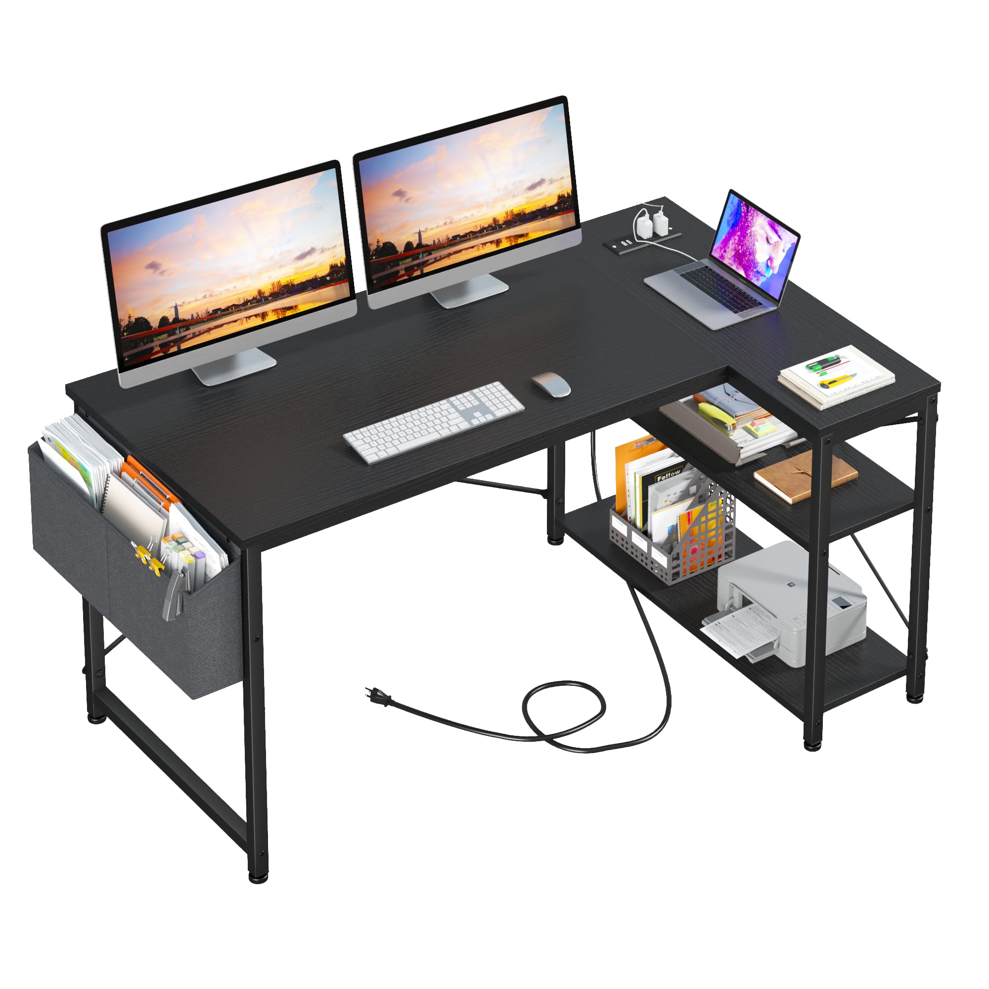 47" Computer Desk with Power Outlets,L Shaped Desk with Storage Shelves
