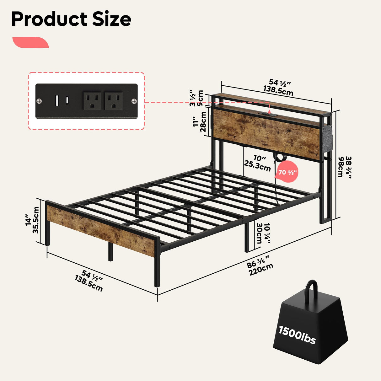 Bestier Full Size Bed Frame with Headboard and Storage, Dual LED Platform Bed Frame with Charging Station, Non-Slip Metal Bed Frame, Noise-Free, Easy Assembly