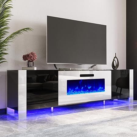 Fireplace TV Stand with 40" Fireplace, 80" Modern High Gloss Entertainment Center