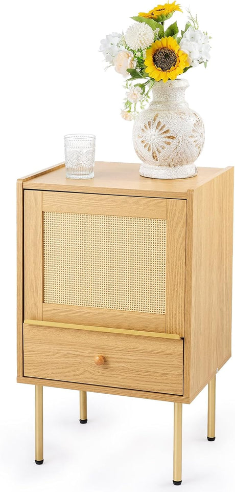 Rattan Nightstand, Boho End Table with Handmade Rattan Decorated Drawers, Rattan