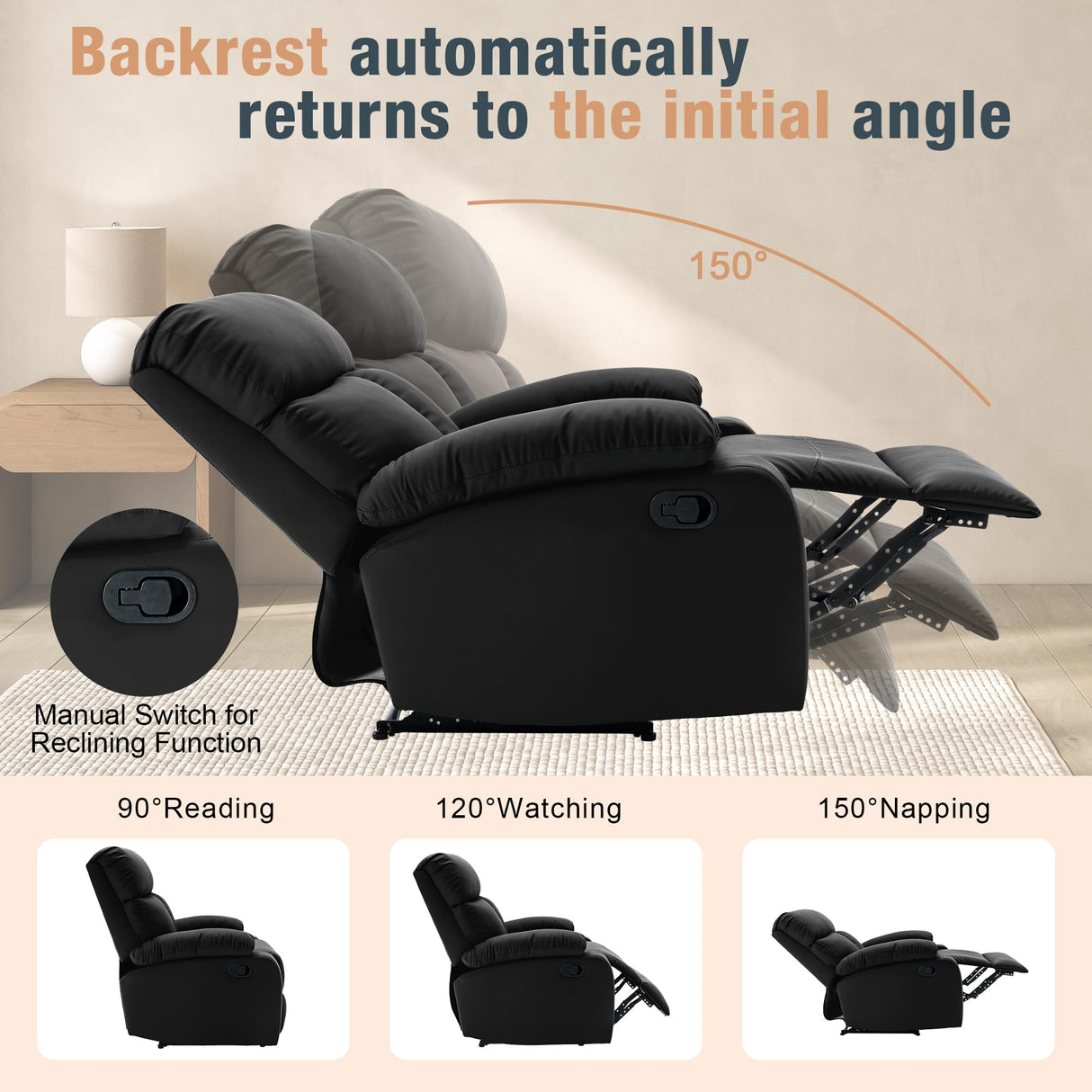 hzlagm Manual Small Recliner Chair for Adults, Small Recliners for Small Spaces, Faux Leather Reclining Chairs, Single Lazyboy Recliner Sofa for Living Room, RV, Bedroom, Black