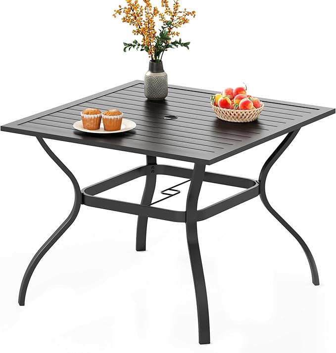 Large Outdoor Patio Table for 8 Person, 60" Square Metal Steel Slat Table with 1.57"-1.9" Adjustable Umbrella Hole, Weather-Resistant Outdoor Dining Table for Deck Backyards, Brown