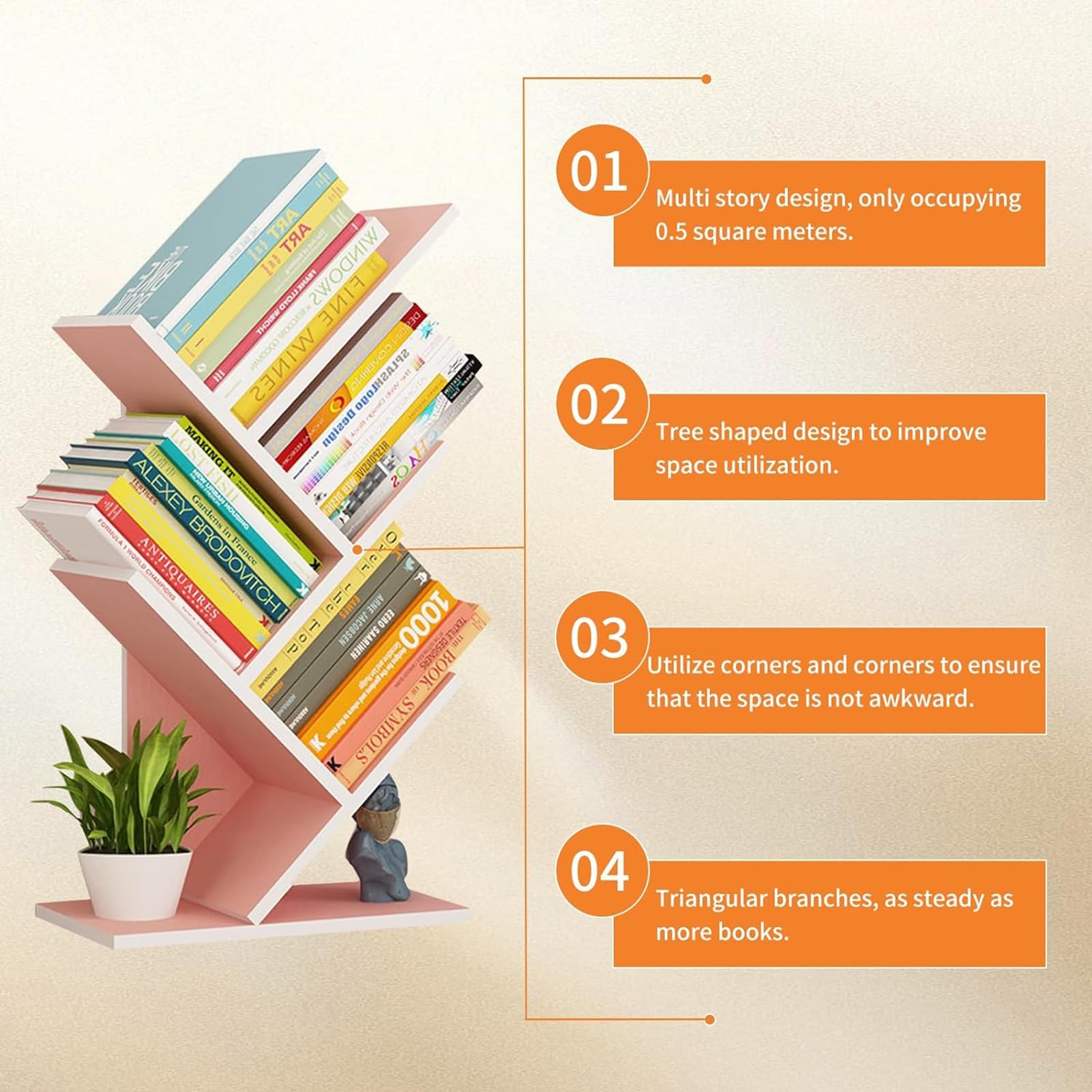 Tree Bookshelf - Multipurpose Countertop Hutch Bookshelf, Floor Standing Bookcase 4 Tier Storage Rack, Freestanding Floor Free Desktop Bookshelf, Display Book Magazine CDs Rack, Bearing 8Kg (Color :
