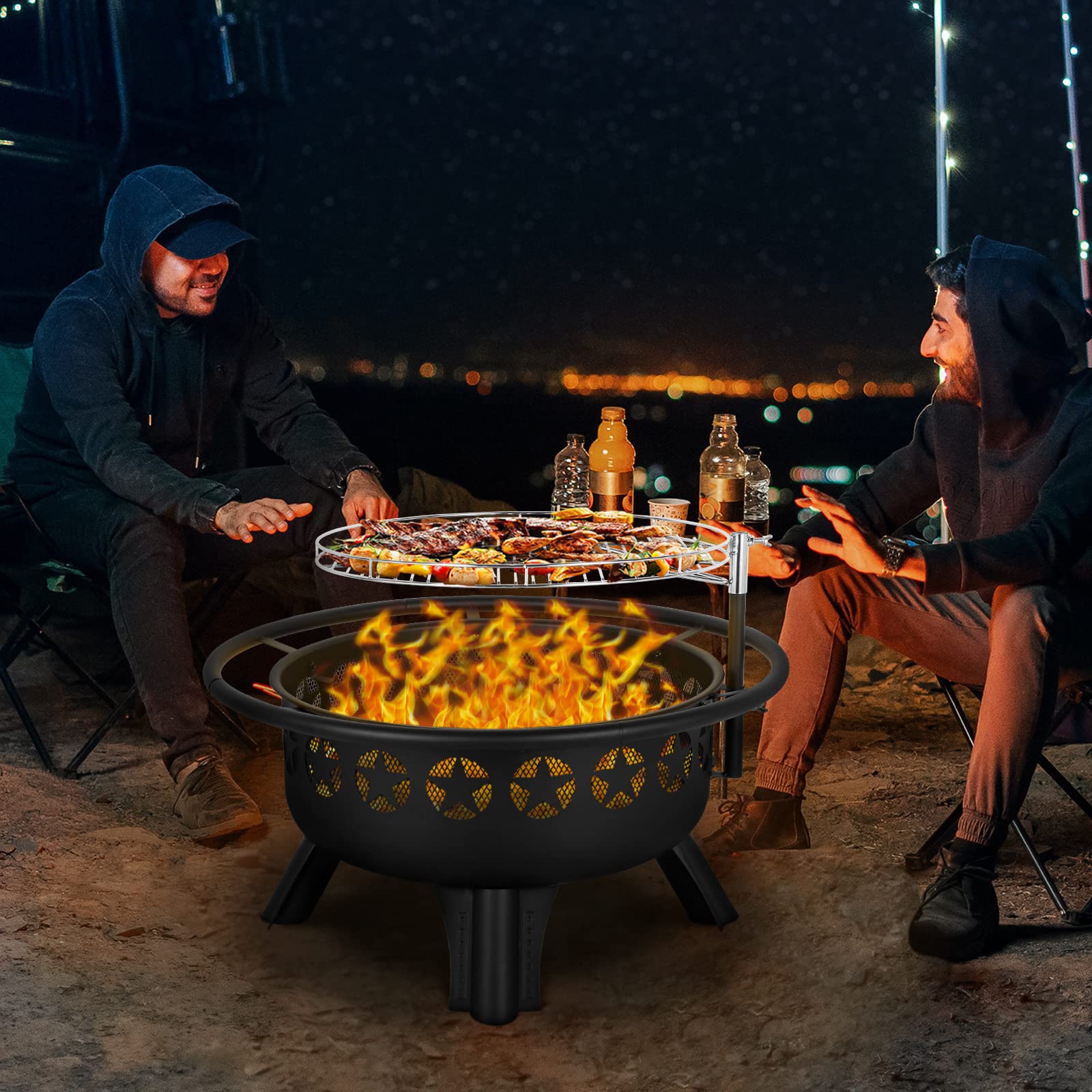 Hykolity 2 in 1 Fire Pit with Grill, Large 31" Wood Burning Fire Pit with Swivel Cooking Grate Outdoor Firepit for Backyard Bonfire Patio Outside Picnic BBQ, with Spark Cover, Fire Poker - Bircata