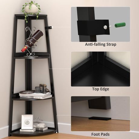 4 Tier Corner Shelf, Corner Shelf Black, 47" Tall Corner Ladder Bookshelf, Corner Ladder Shelf,Corner Shelving Unit for Bathroom, Bedroom, Living Room, Small Space Decor