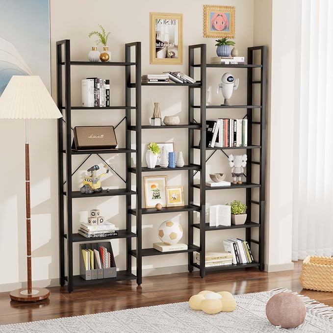 Wide 5 Tier Bookshelf, Shape Changeable Bookcases, Open Display Shelves, Modern Tall Bookcase Furniture for Bedroom, Living Room and Home Office, (5-Tier, Rustic Brown)