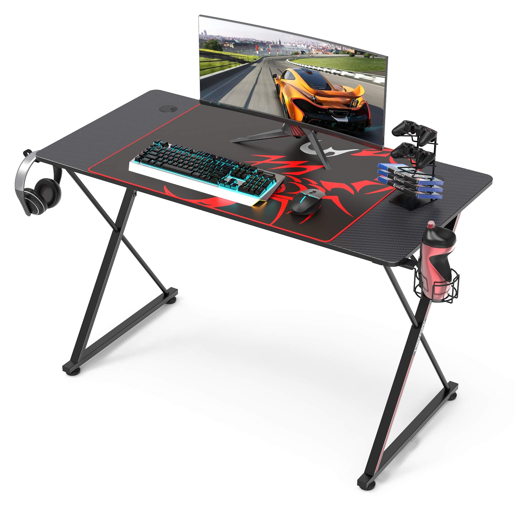 Gaming Desk, 47 inch Gamer Workstation, Carbon Fiber Surface Gaming Computer Desk
