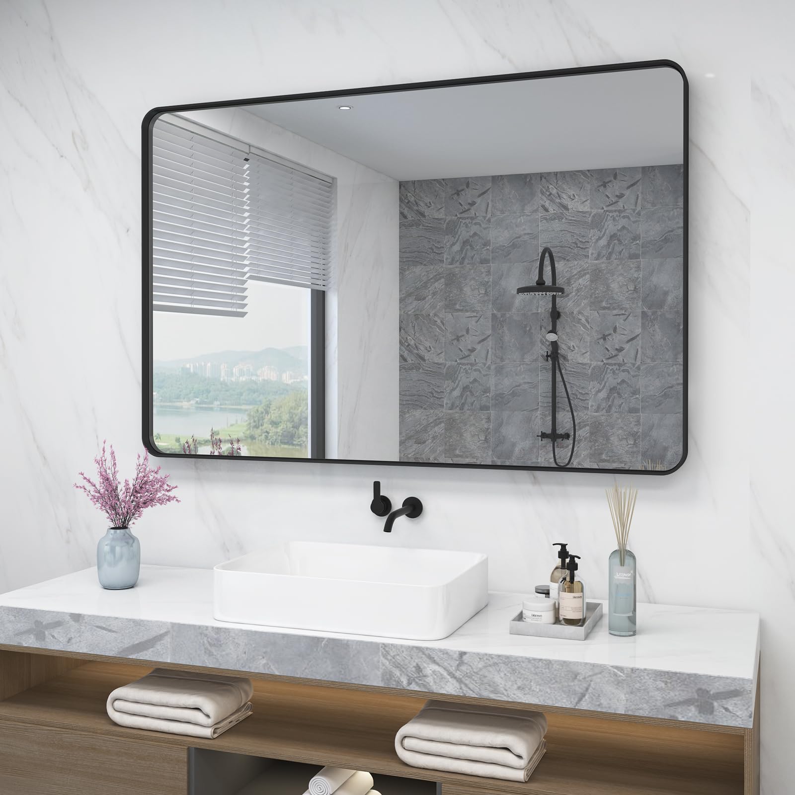Matte Black Bathroom Wall Mirror  Rounded Corner Rectangle Mirror
