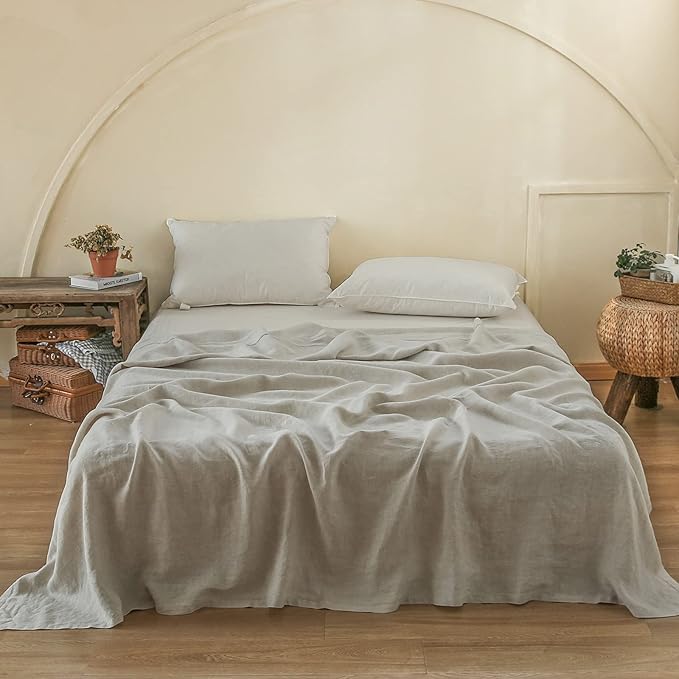 French Linen Flat Sheet with Embroidered Border-100% Stone Washed Flax Bedding,