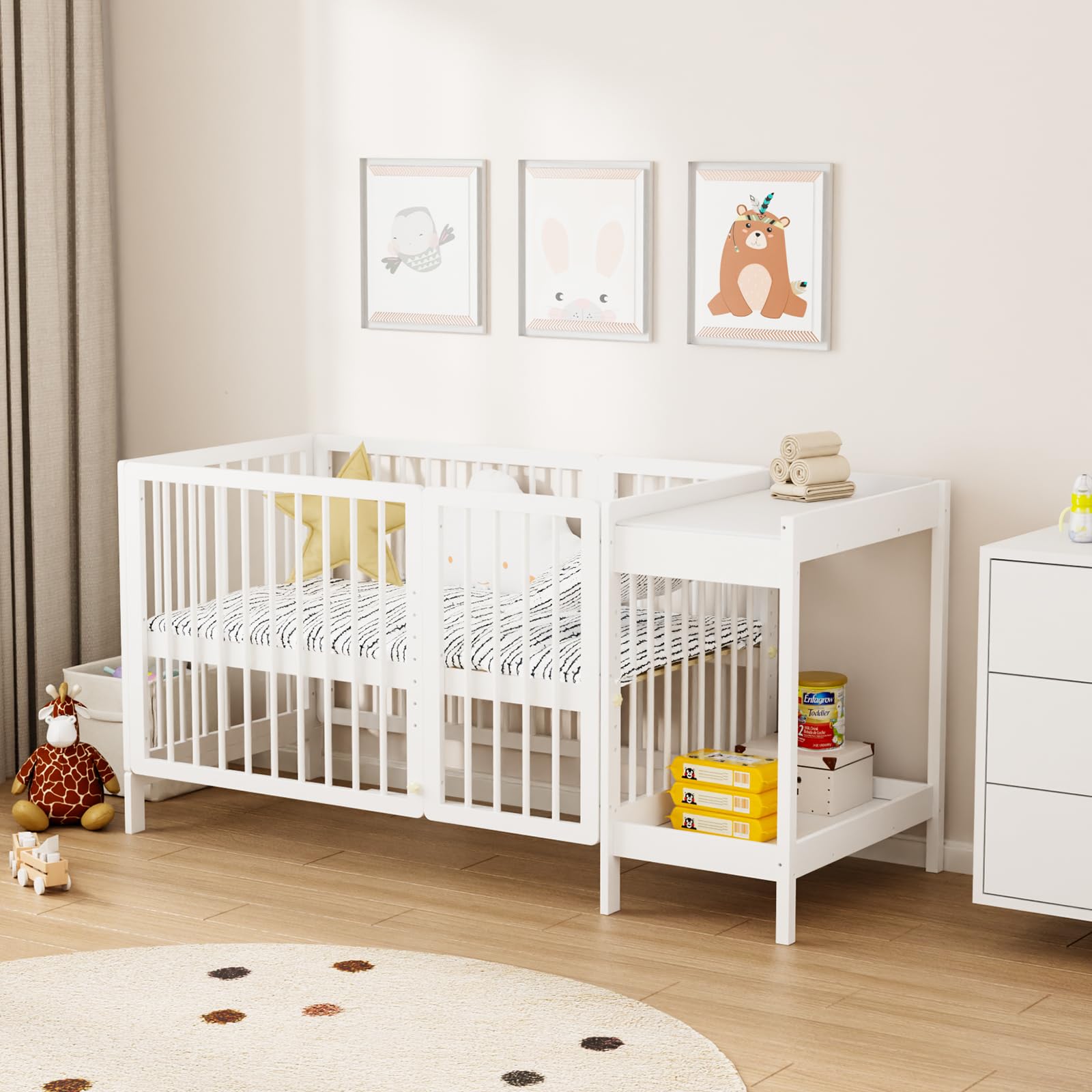 Crib with Changing Table and Pad, 8 in 1 Convertible Crib with Changer, Include 2” Mattress, Converts to Bassinet, Mid Crib, Full Size Crib, Daybed,Toddler Bed and Playard (White)