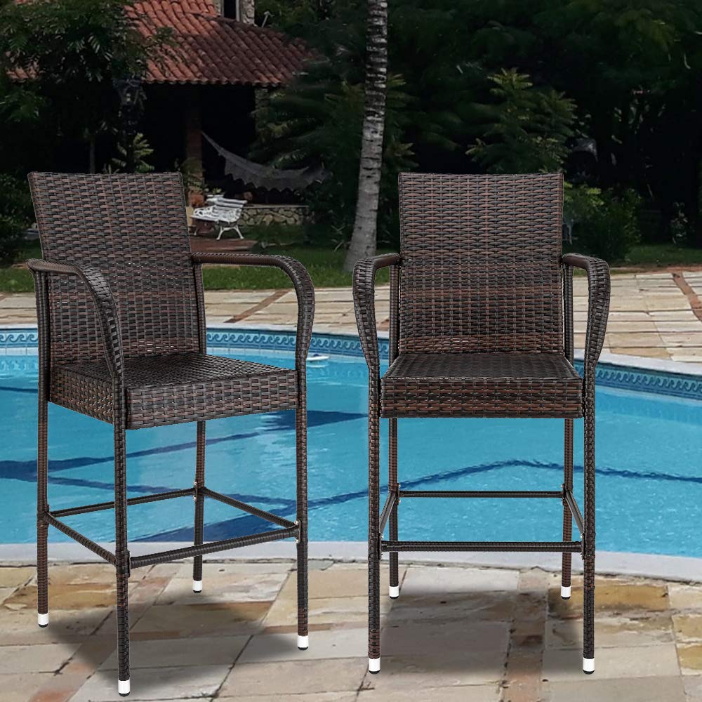 Wicker Bar Stools Outdoor Set of 2, Outdoor Bar Height Chairs