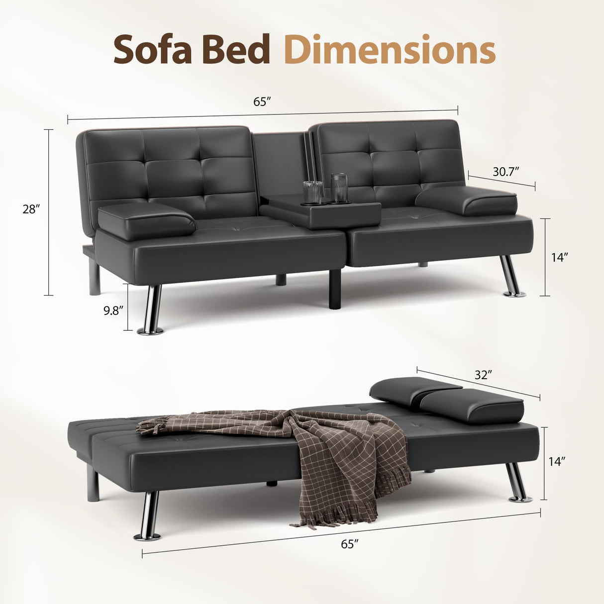 Convertible Folding Futon Sofa Bed Sleeper Couch for Living Room Faux Leather Upholstered Loveseat