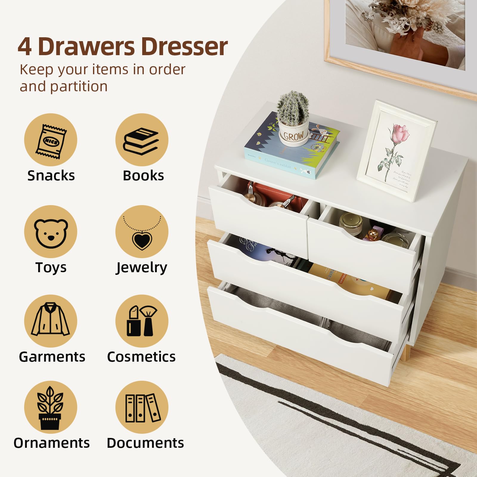 4 Drawers Dresser for Bedroom, 24.4''H White Drawer Dresser Nightstand