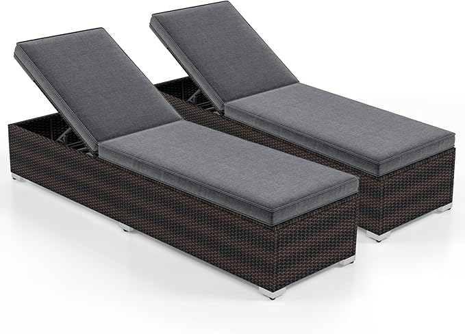 Patio Chaise Lounge Set of 2, Outdoor Rattan Lounge Chair with 6-Level Backrest