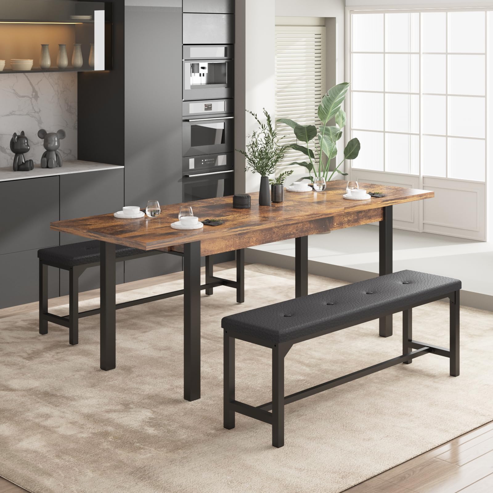 Halitaa 3-Piece Dining Table Set for 4-8, Kitchen Table Set with Metal Frame & Wooden Board，63" Extendable Dining Room Table Set with Drawer and 2 Upholstered Benches (Rustic Brown)