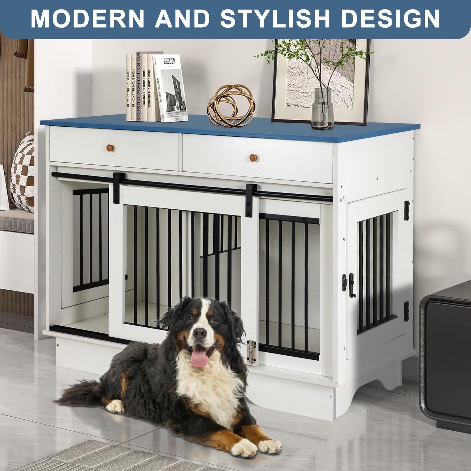 Double Dog Crate Furniture with Storage Drawers & Sliding Barn Door