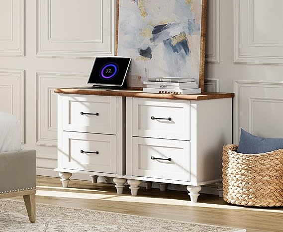 End Table Nightstand with Charging Station, Farmhouse Side Table for Living Room