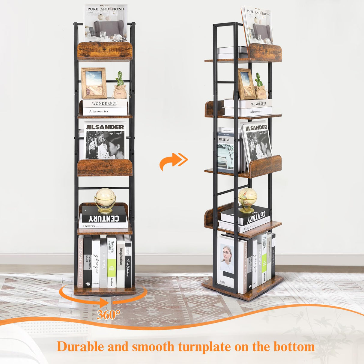 Bookshelves 5-Tier, Rotating Bookshelf Tower for Corner,