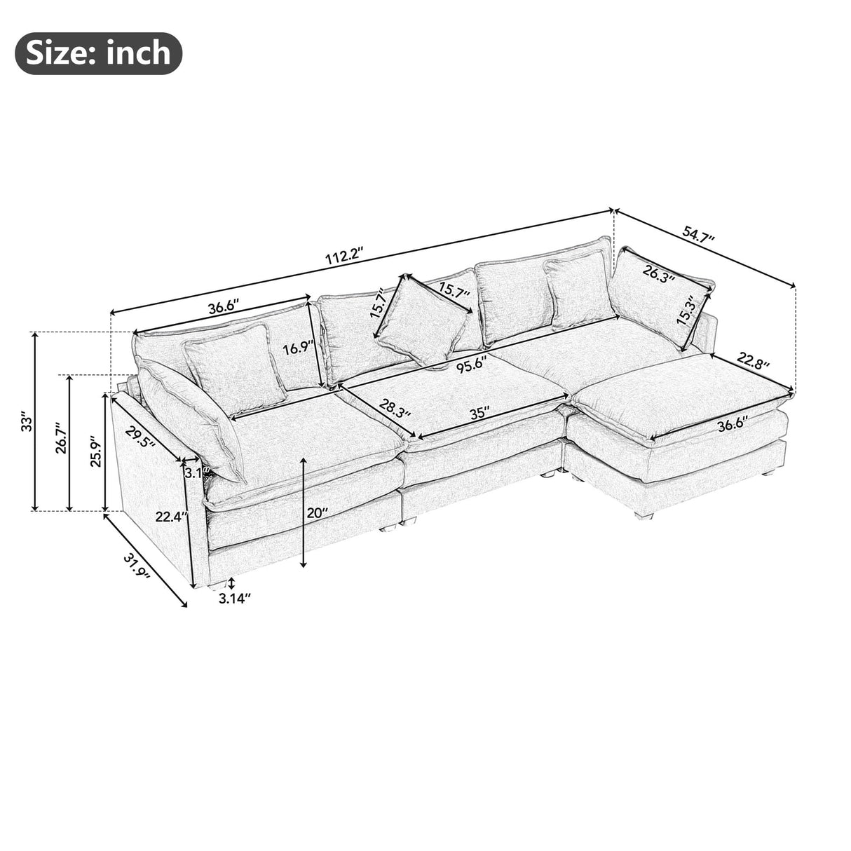 Modular Sectional Sofa Couch L-Shaped with Convertible Ottoman for Living Room, Modern Contemporary 3-Seat Sofa Couch for Apartment Office, Chenille Fabric, Beige