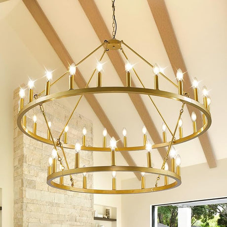 55 Inch Black and Gold Wagon Wheel Chandelier, 2 Tier 48-Lights Farmhouse Dining Room