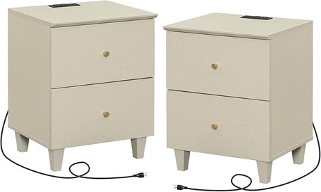 Nightstands with Charging Station & 2 Drawers Storage, Modern End Tables Mid-Century