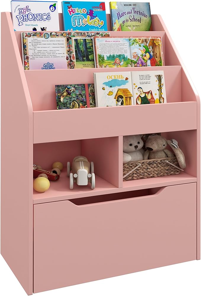 Bookcase Multi-Shelf Rack Organizer with Storage Drawer for Books, Playroom, White