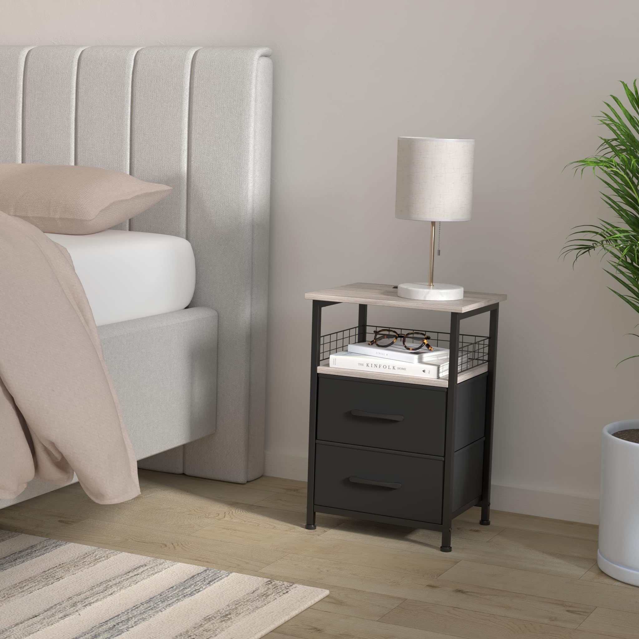 Nightstands Set of 2 with Charging Station, Night Stand with 20 Colors LED Lights and Fabric Drawer,