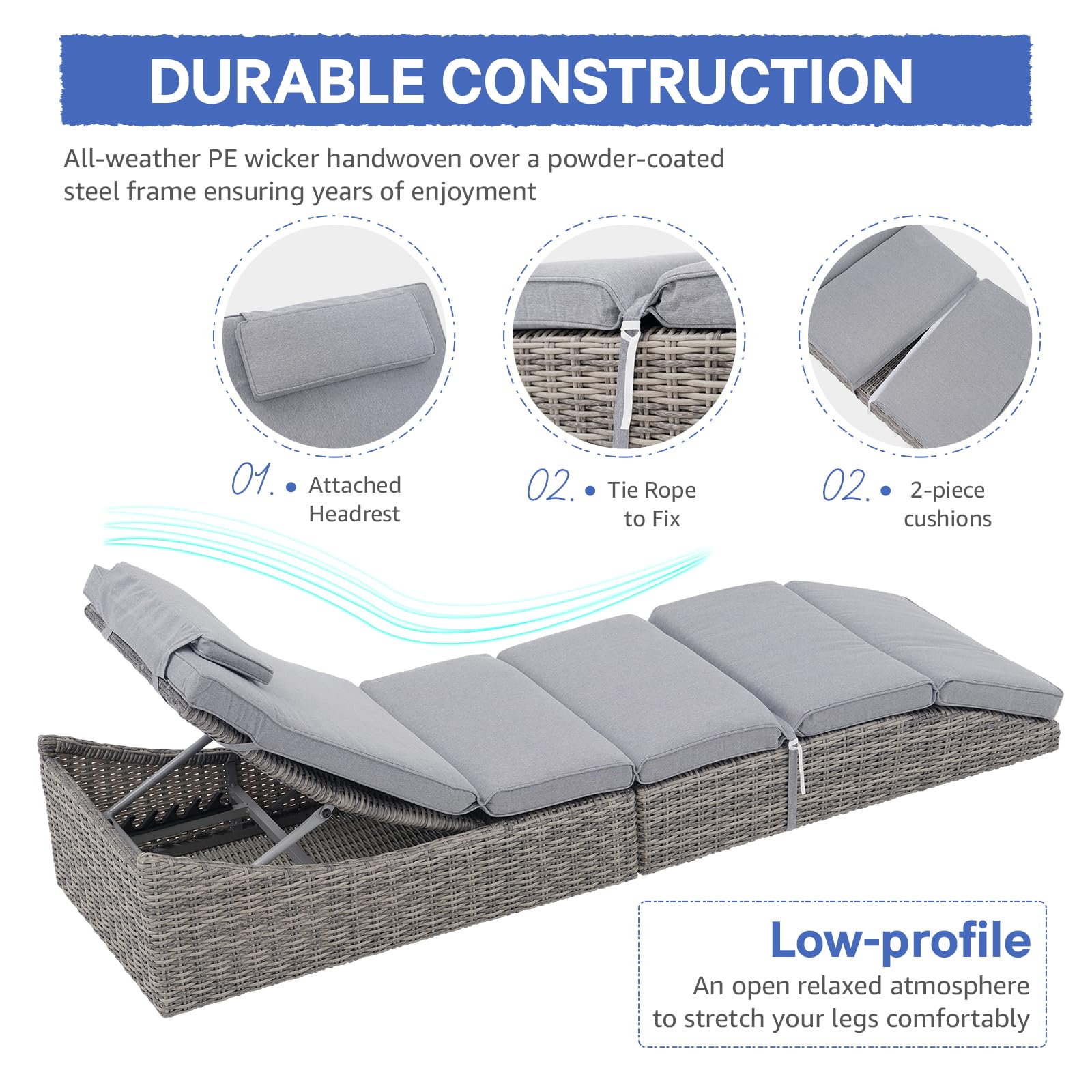 Murago Outdoor Aluminum Chaise Lounge Chairs, Set of 2 with 5 Adjustable Backrest, No Assembly Required, Lightweight, Foldable, Portable Chair Furniture for Pool, Deck, Lawn, or Beach Begie