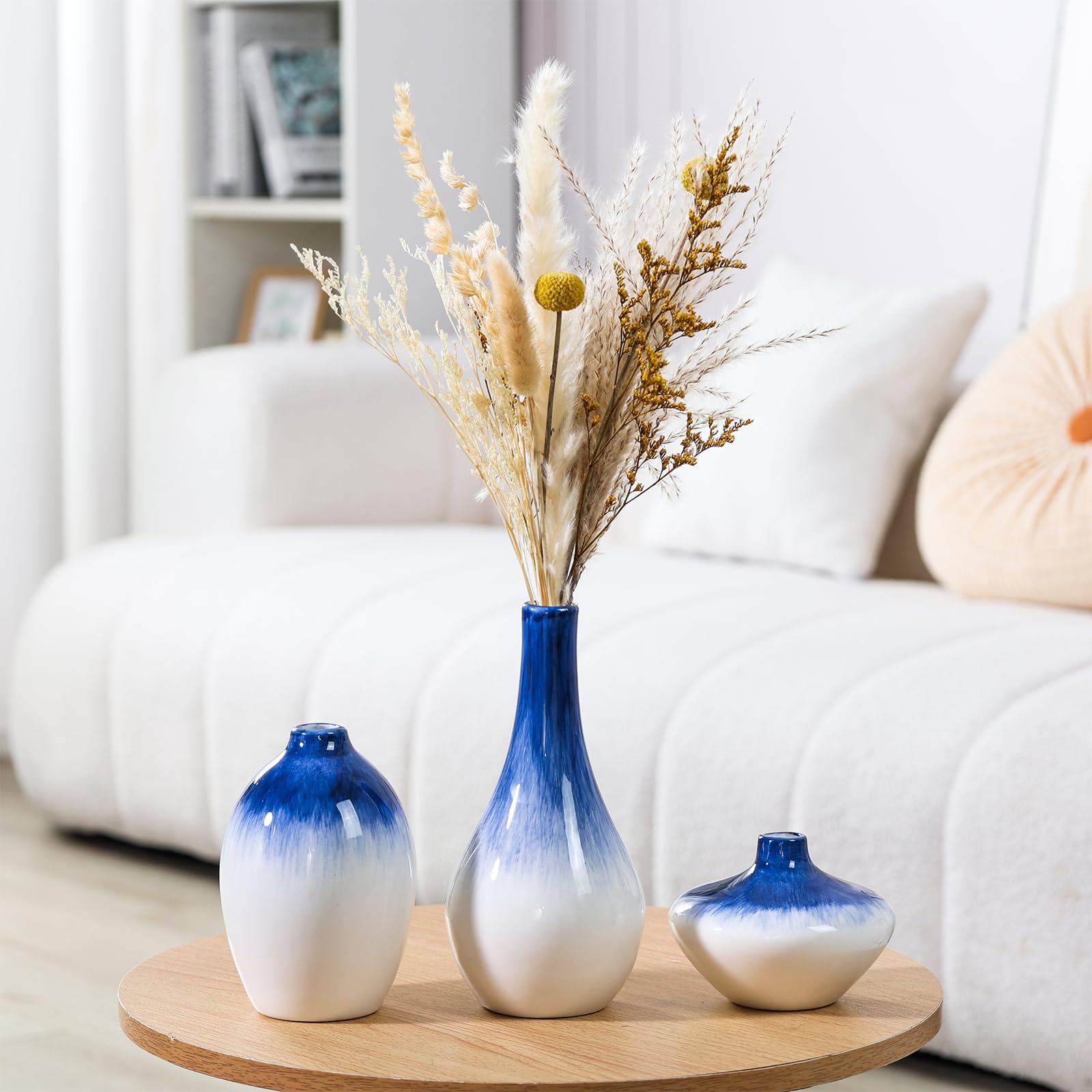 Gradient Colored Ceramic Vases Set of 3 Pcs,Streamlined Vases with Small Caliber