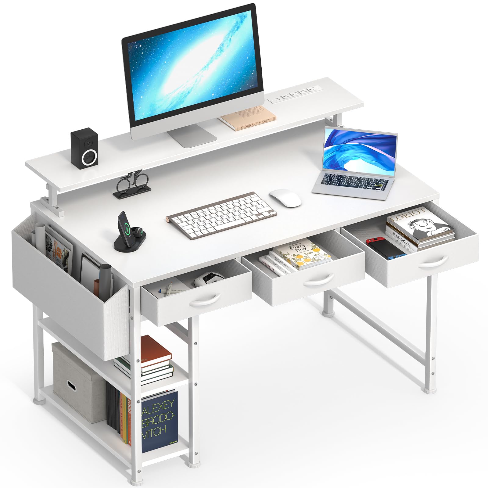 47 Inch Computer Desk with 3 Drawers, Gaming Desk with LED Lights and Adjustable Monitor Stand