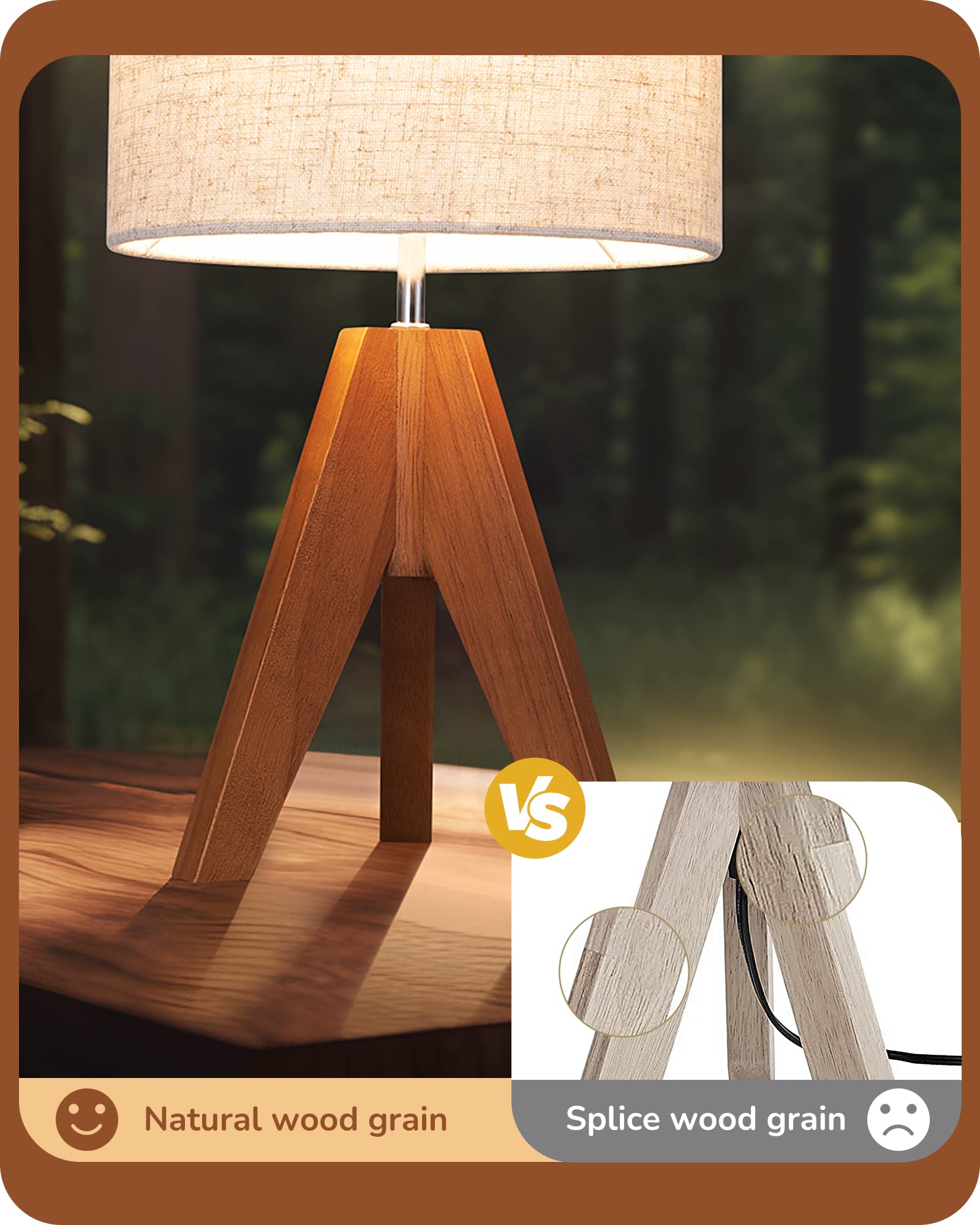 Wooden Tripod Table Lamp with Linen Shade - 14.2" Bedside Nightstand Lamp (2 Pack)