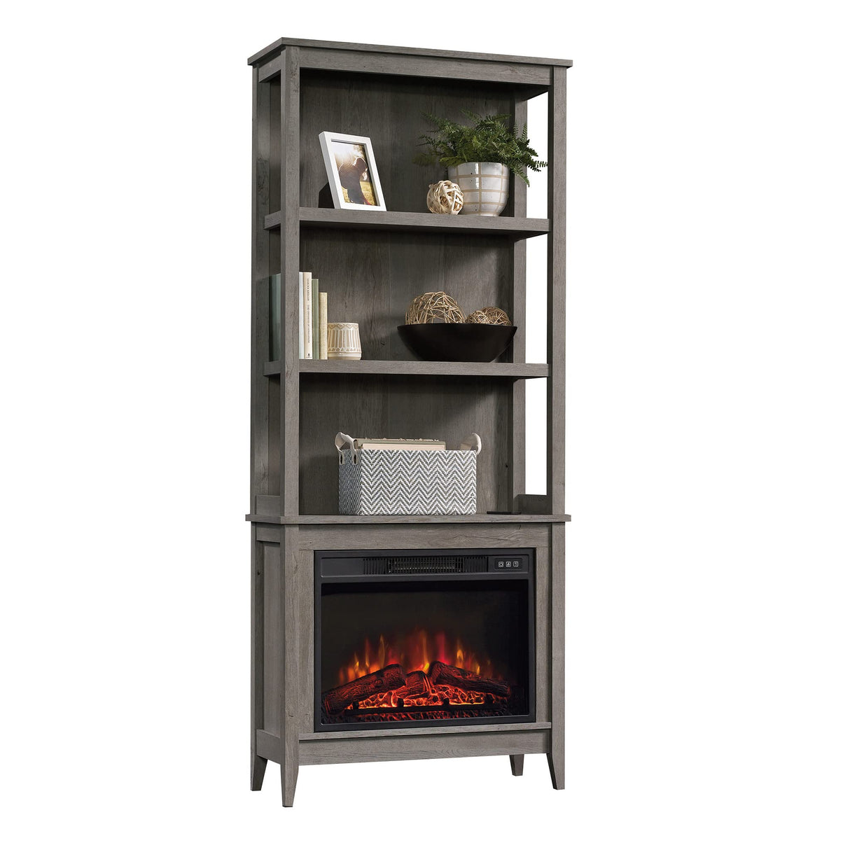 Miscellaneous Storage Library/Book Shelf with Electric Fireplace, Mystic Oak Finish