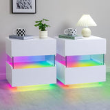 White Night Stand LED Nightstand with 2 Drawers Modern Bedside Tables for Bedroom