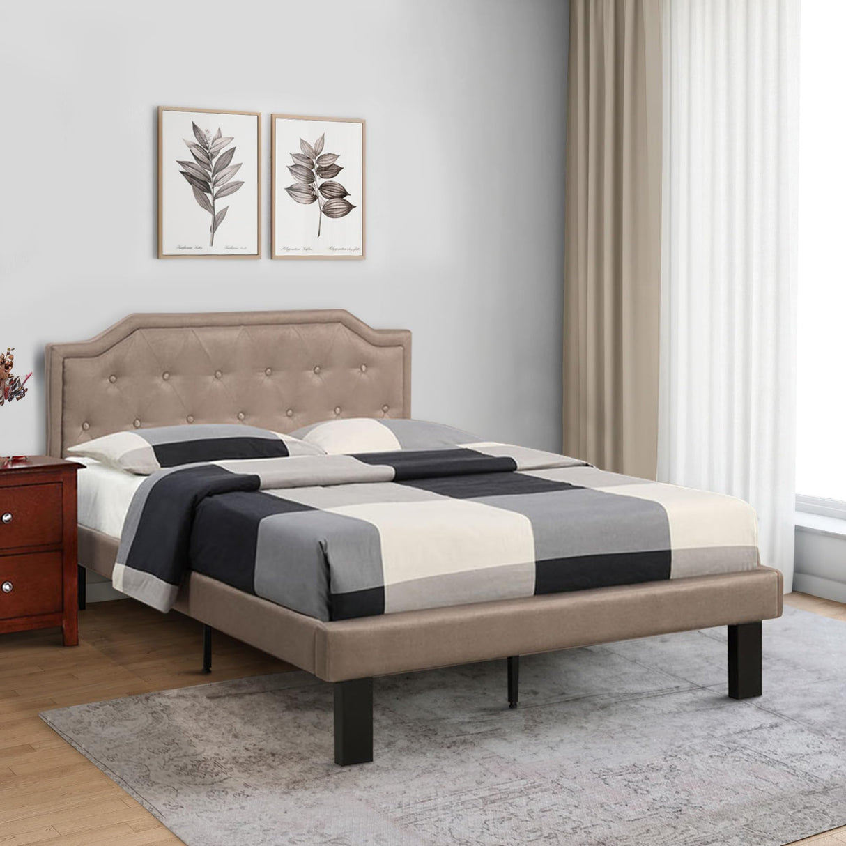 Stunning Upholstered Wooden Full Button Tufted Headboard, Tan Bed,