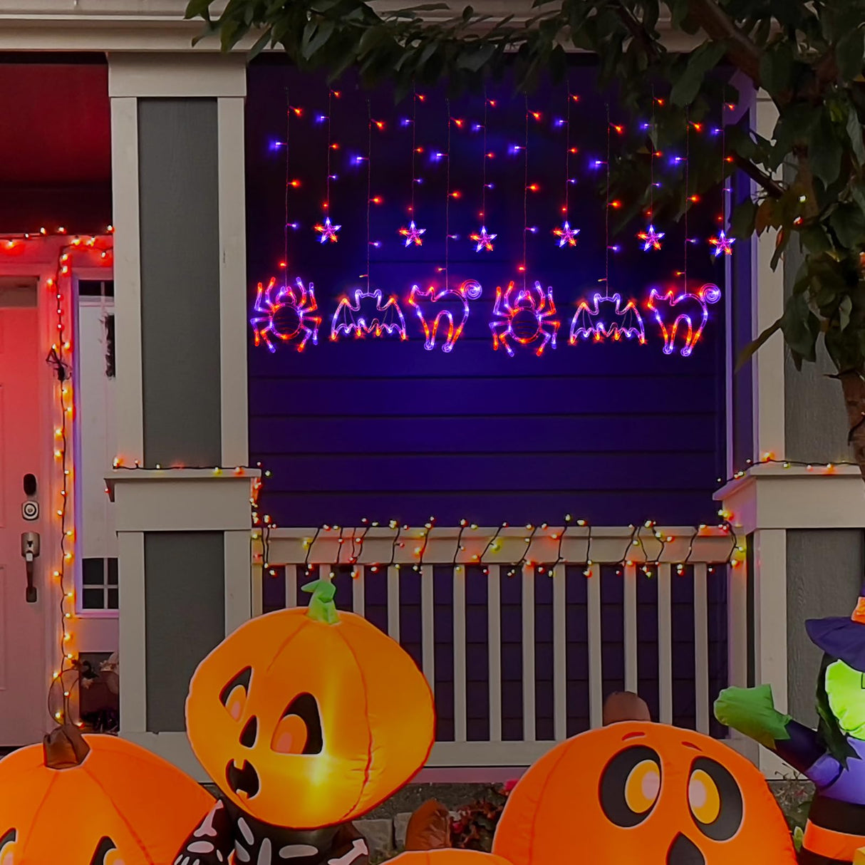 Halloween Window Lights, Hanging Halloween Decorations Orange Purple Cat Spider and