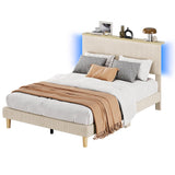 Bestier Queen Corduroy Upholstered Bed Frame with Adjustable Vertical Channel Tufted Headboard, LED Platform Bed with Storage Shelf, Solid Wood Slat Support, No Box Spring Needed, No Squeak(Beige)