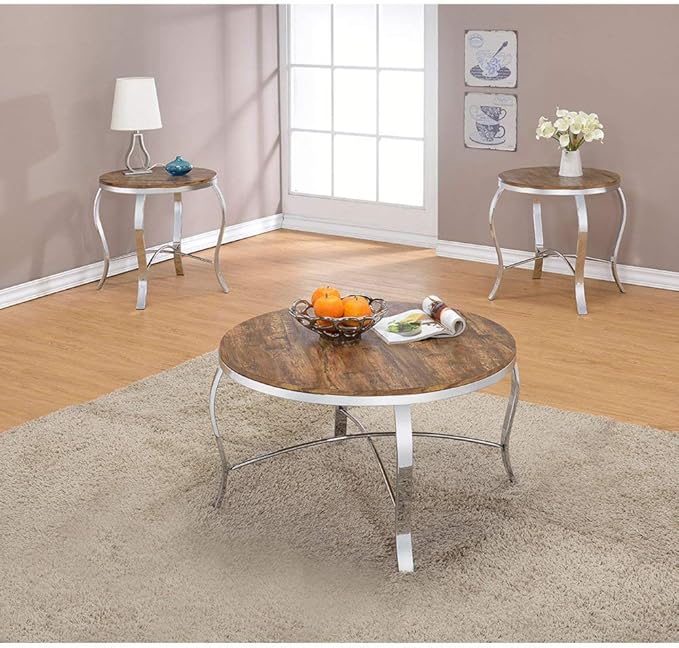 Malai 3-Piece Coffee/End Table Set in Weathered Light Oak and Chrome