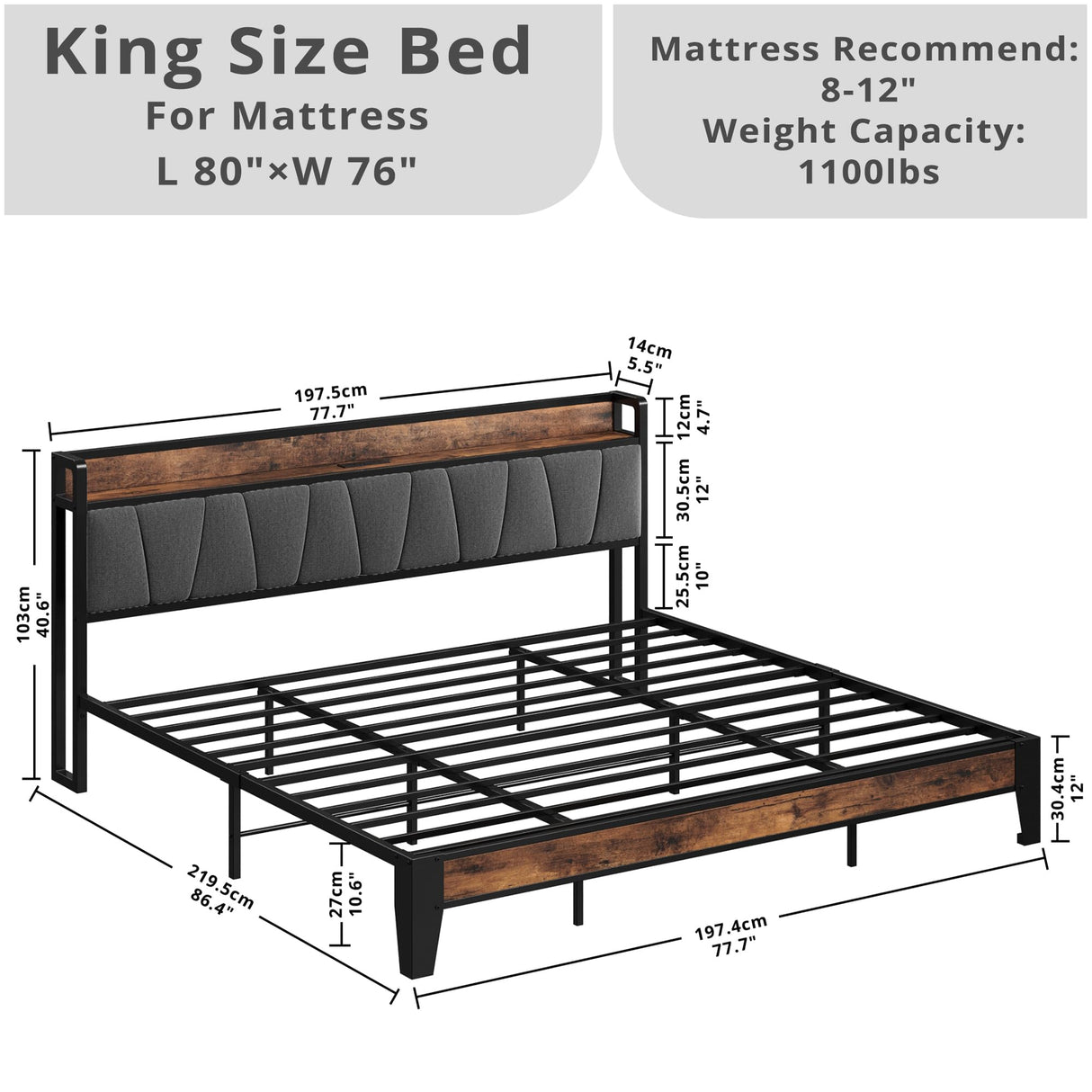 King Size Bed Frame, Storage Headboard with Charging Station, Solid and Stable