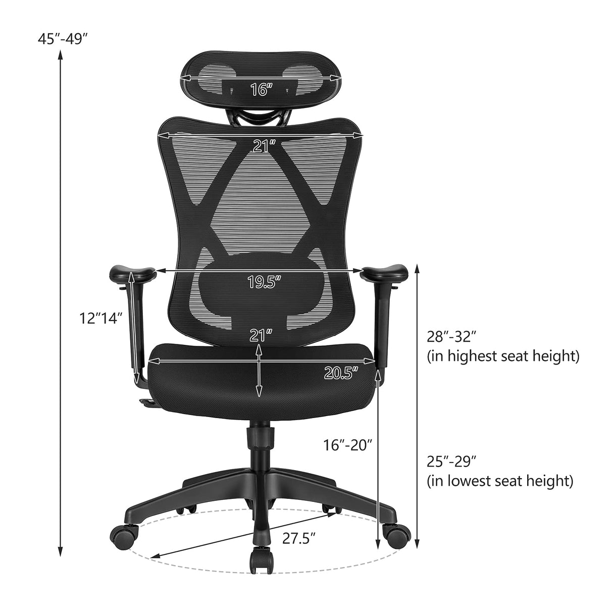 Ergonomic Office Chair with Adjustable Lumbar Support, Armrests and Headrest, High