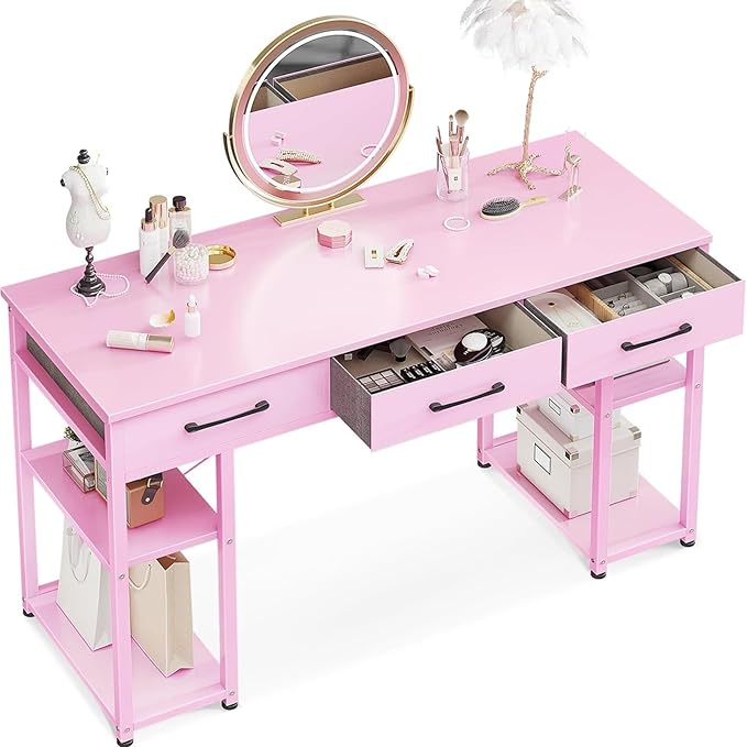 Office Small Computer Desk: Home Table with Fabric Drawers & Storage Shelves