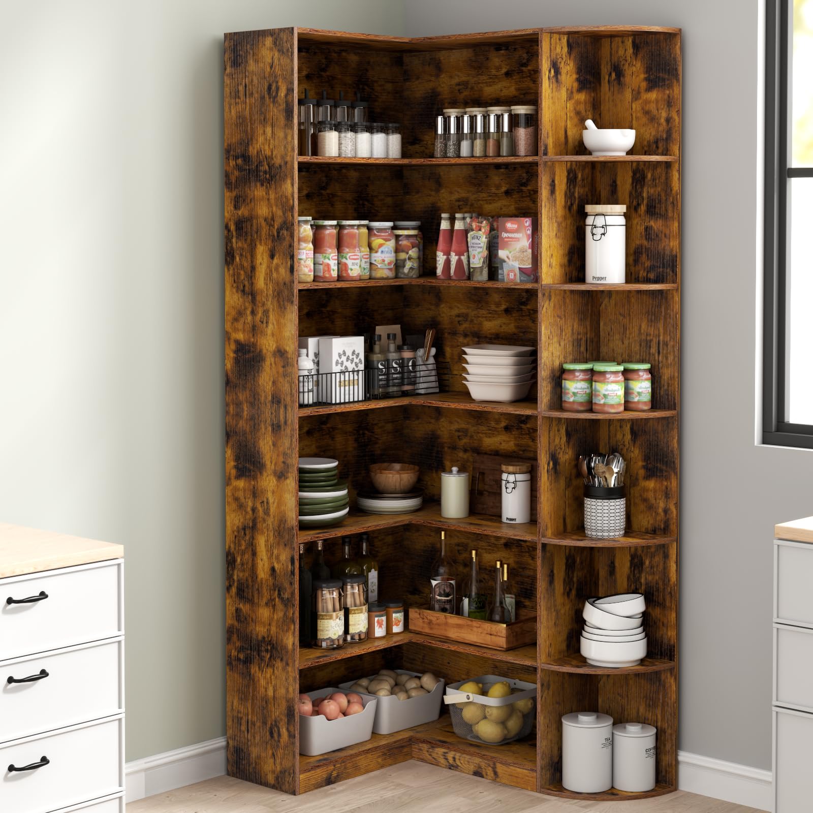 Bookshelves, 6 Tiers Shelf Large Tall Corner Etagere Bookcase with Full Baffle,