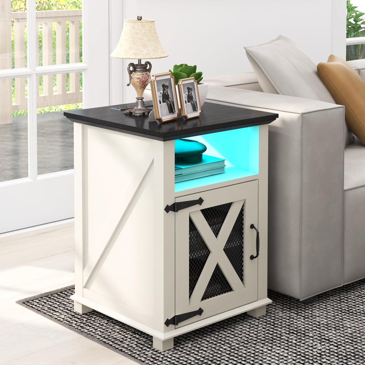 Farmhouse End Tables with Charging Station, LED Nightstand with Power Outlets, Bedside