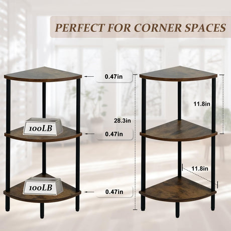 3 Tier Corner Shelf Stand, 28 Inch Rustic Industrial Corner Bookshelf, Storage