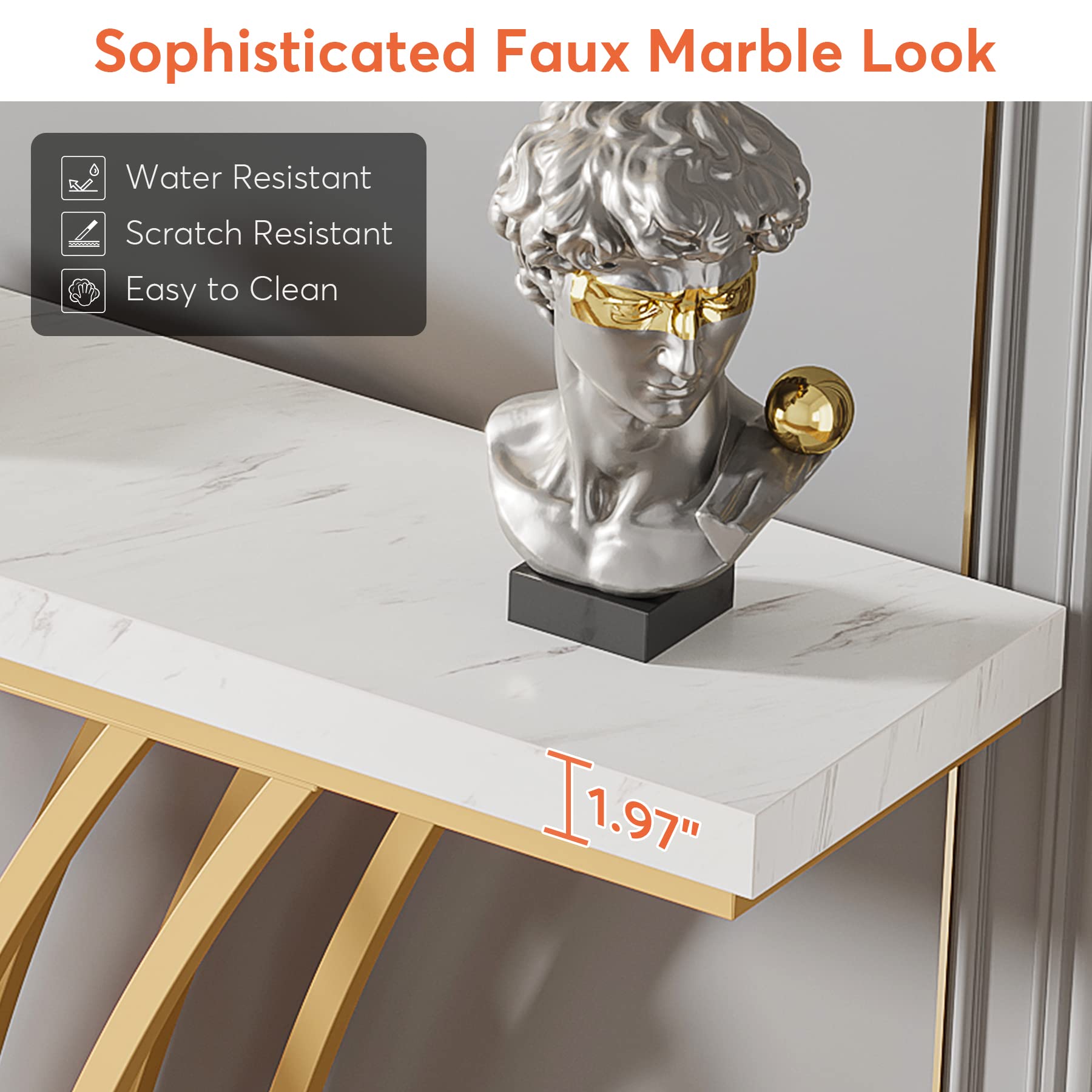 59-Inch Gold Console Table with Faux Marble Top