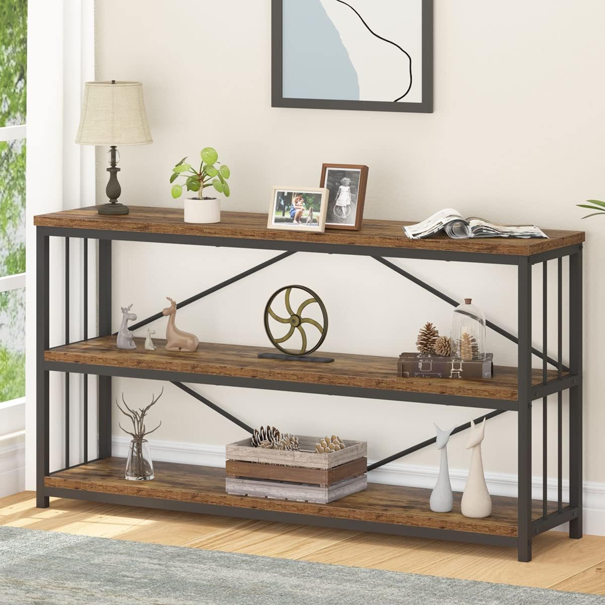 Industrial Console Entryway Table, Metal Wood Rustic Sofa Table with Storage