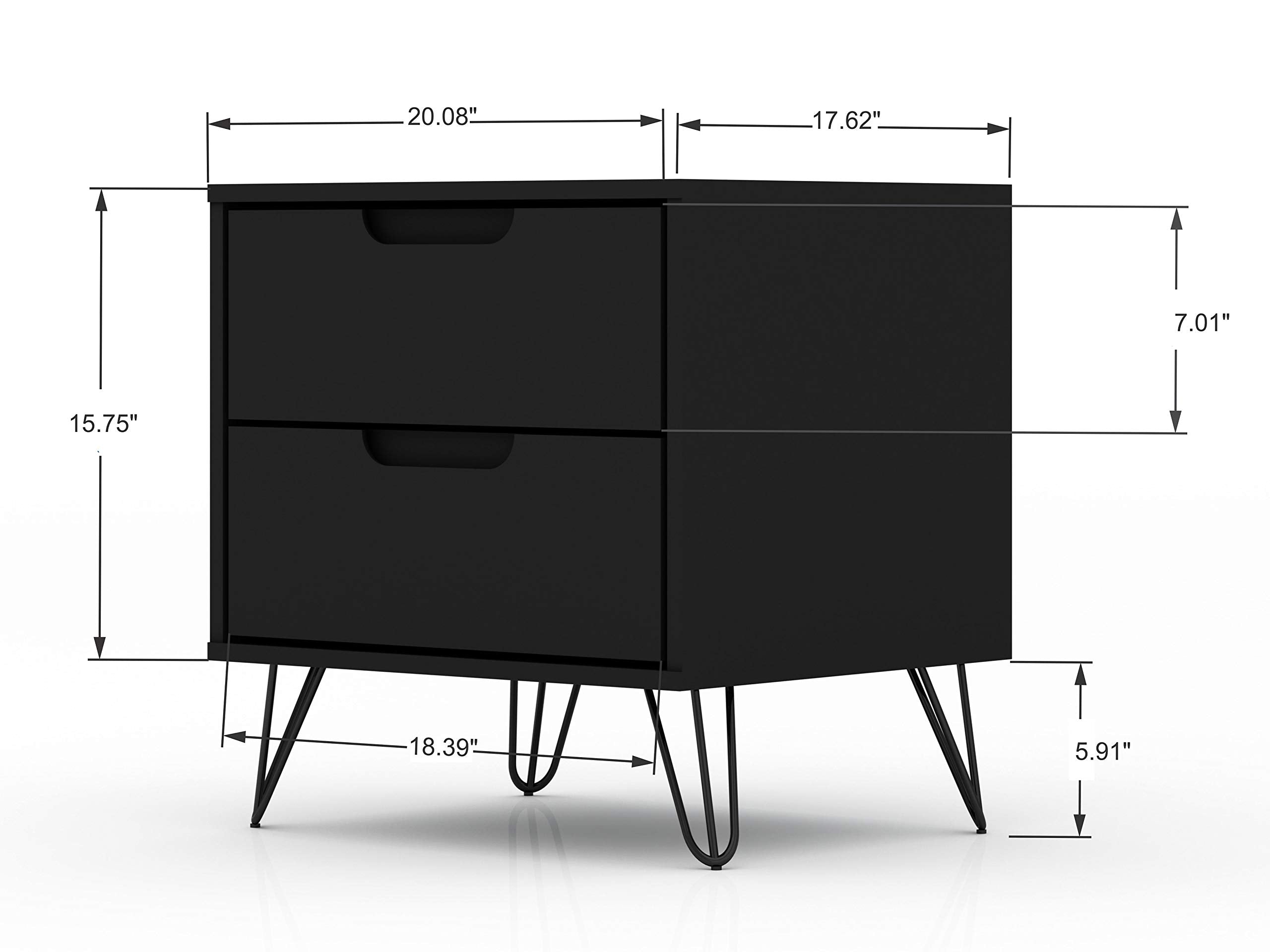 Manhattan Comfort Rockefeller Nightstand with Drawers, Mid Century Modern Bedside Table, Minimalist Display and Storage Organizer, Ideal for Bedroom and Living Room, Black