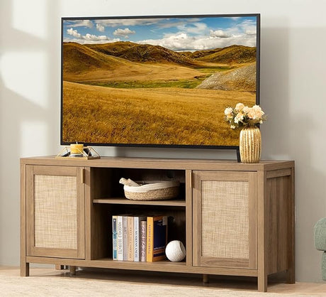 Rattan TV Stand for Living Room - 26" Tall Wood TV Console Cabinet