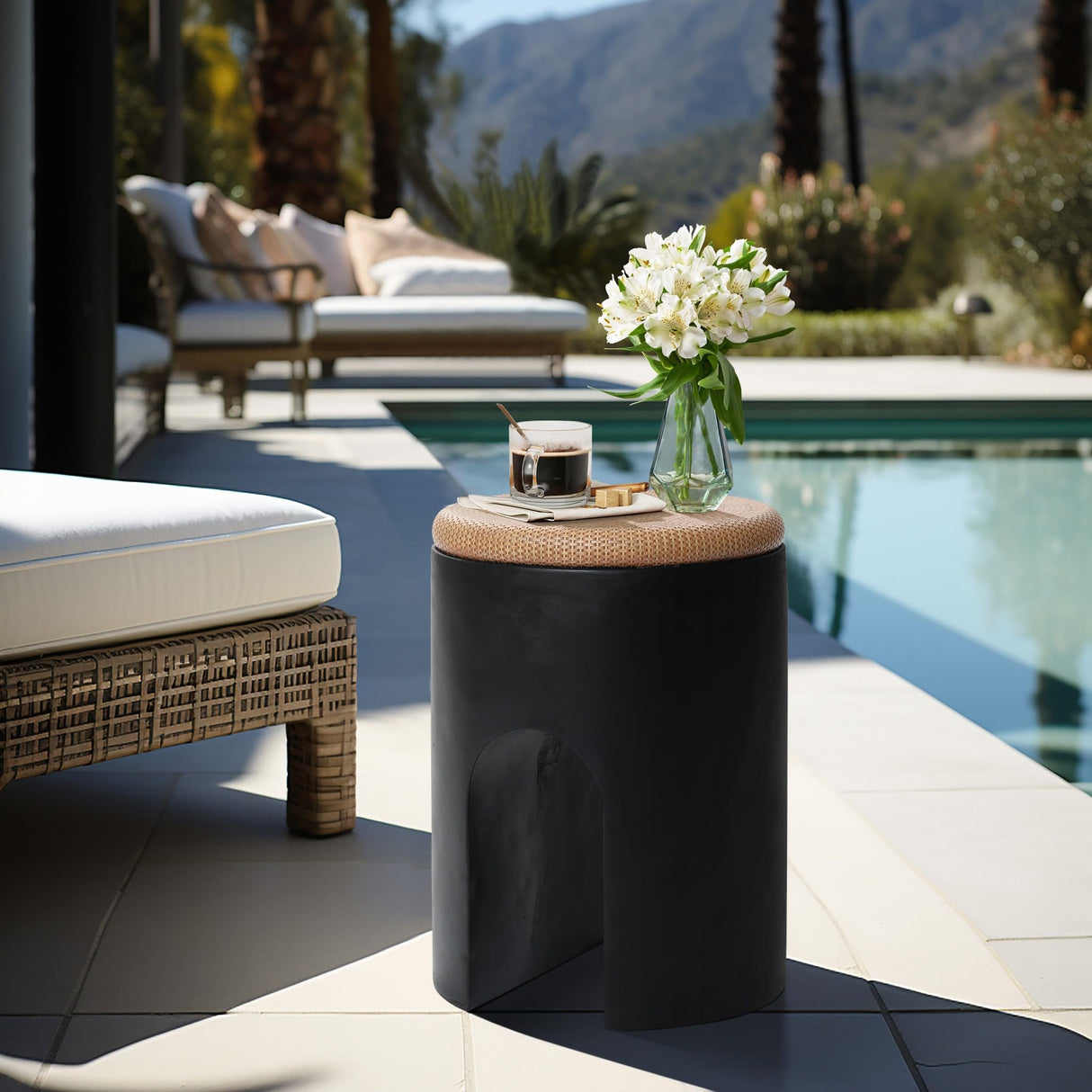 LuxenHome Outdoor Accent Side Table, 18'' Black with Natural Rattan Finish Cement Patio End Table, U - Shaped Base Garden Stool for Patio Backyard, Outdoor Furniture for Lawn Balcony Porch - Bircata
