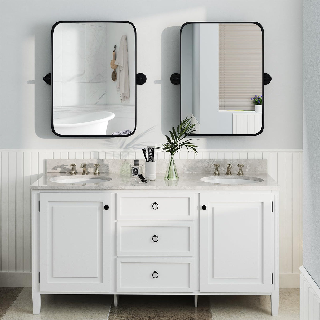 30x22 Pivot Tilting Bathroom Mirror - Black Framed Wall Mounted